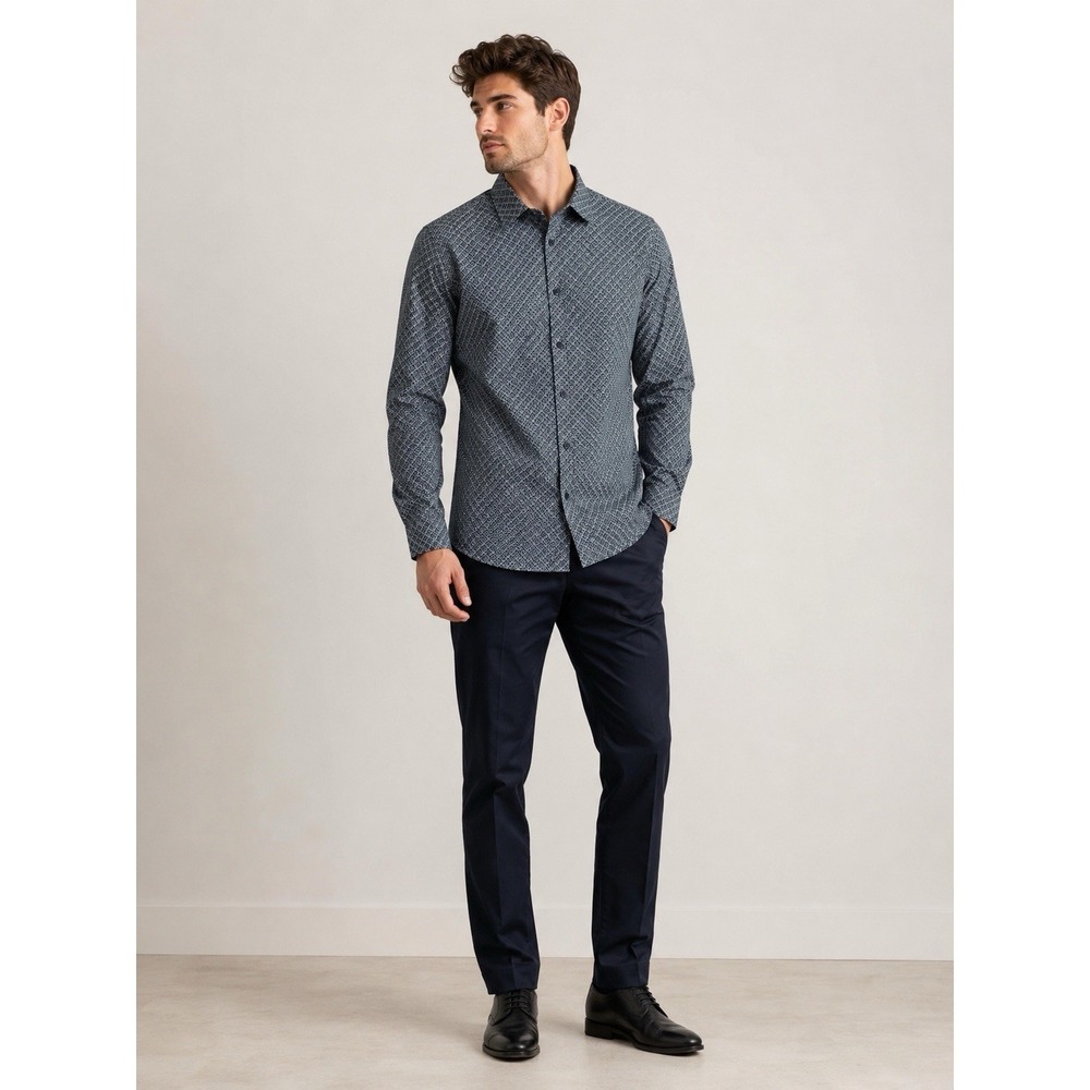 English Laundry Slim Fit Stretch Dress Shirt XL 17-17.5 Blue Night Geometric NWT